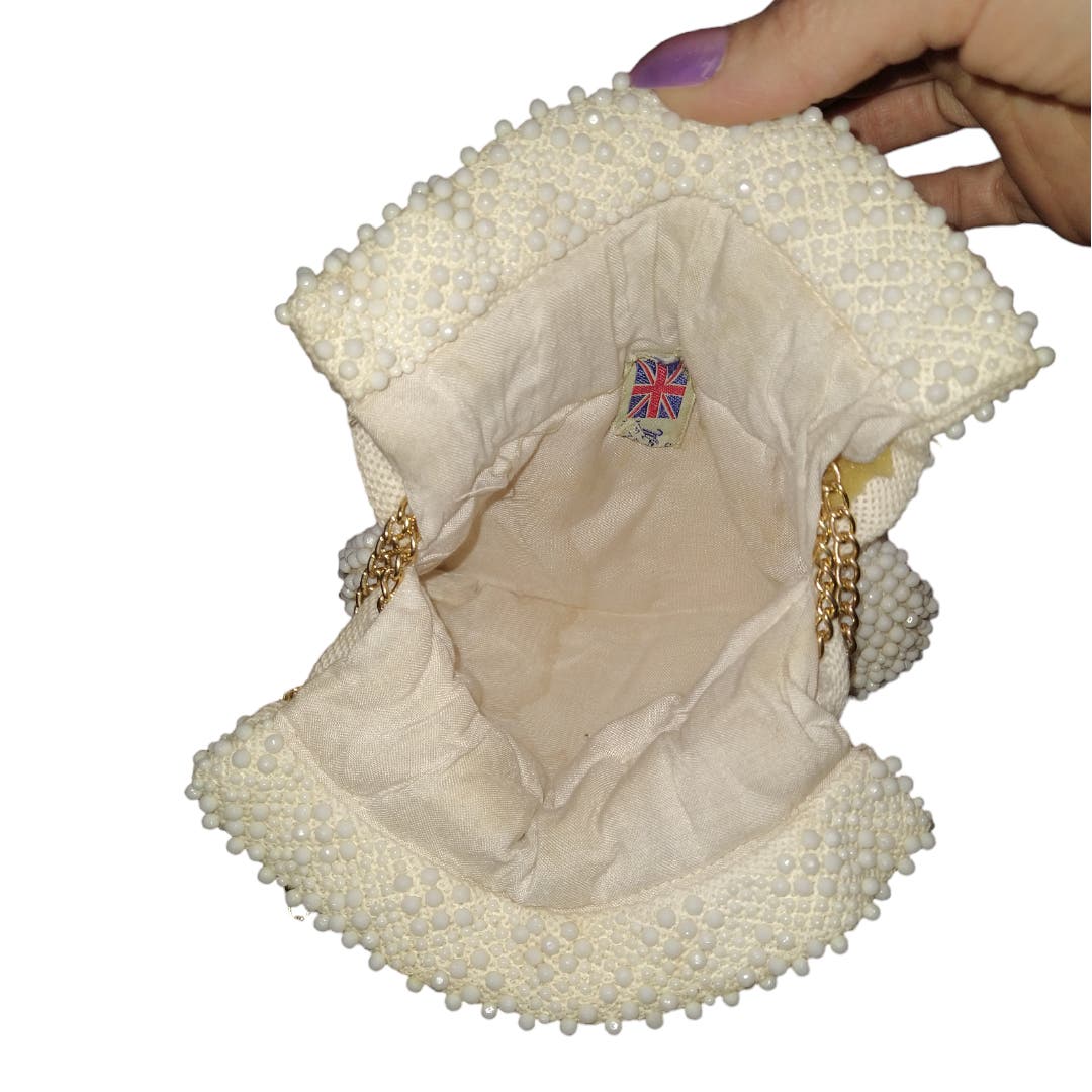 40's Vintage Cream Beaded Drawstring Evening Bag