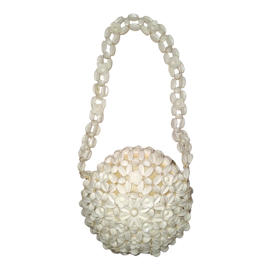 40's Vintage White Beaded Purse with Flowers
