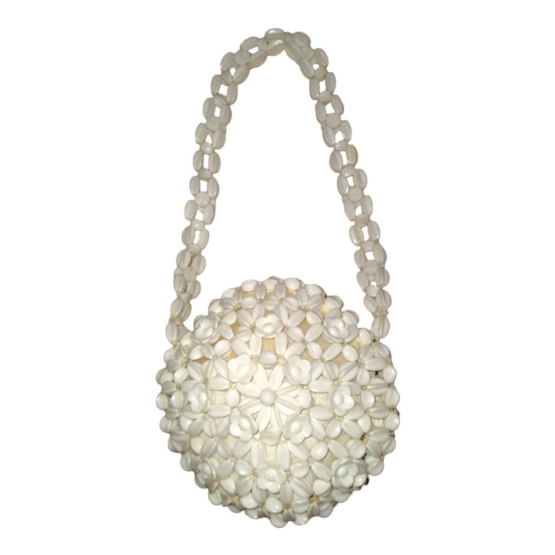 40's Vintage White Beaded Purse with Flowers