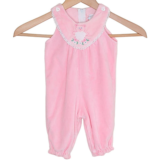 Vintage Pink Velour Jumpsuit with Embroidered Teddy Bear