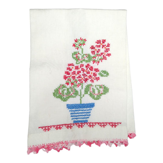 Vintage Cross Stitched Tea Towel Handmade with Flowers & Crocheted Lace Border