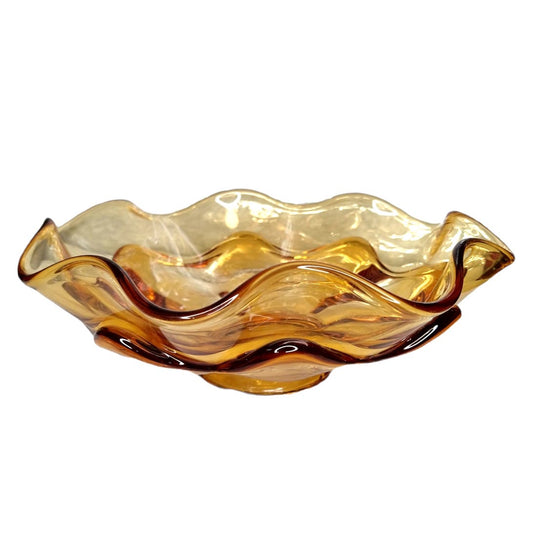 Vintage MCM Amber Glass Pedestal Bowl with Layered Ruffle 8"