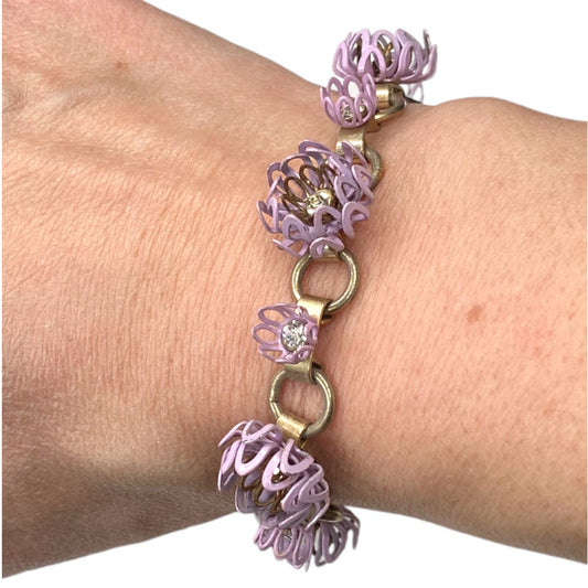 50's Vintage Purple Enamel  Flower Bracelet 7.5"