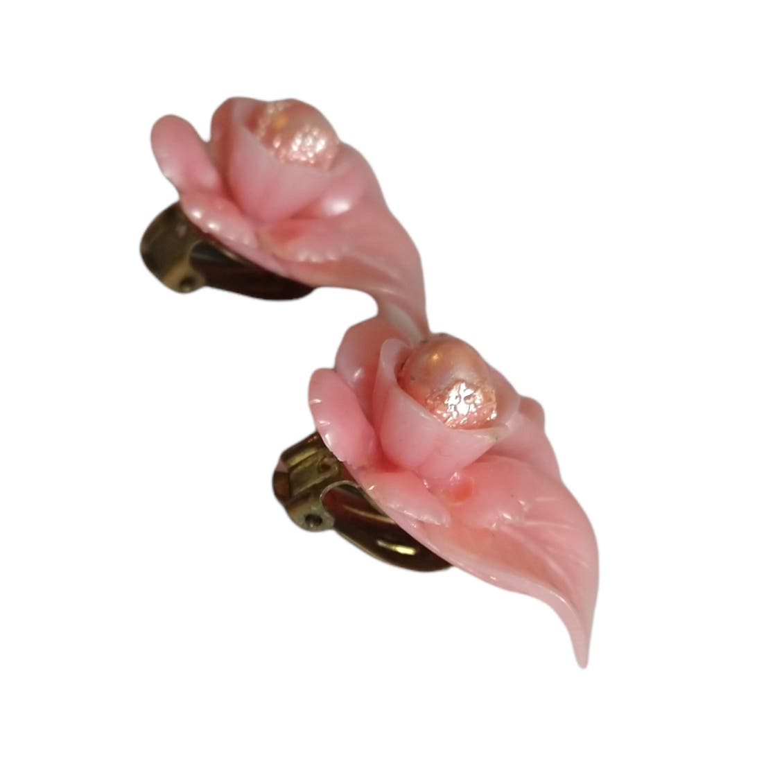 40's Vintage Pink Flower Earrings Western Germany Celluloid Rose Leaves & Pearls
