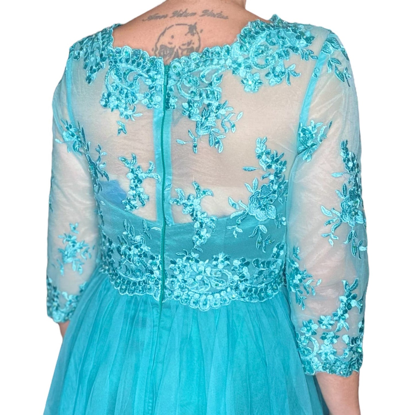50's Style Blue tulle Ball Gown with Lace Beading
