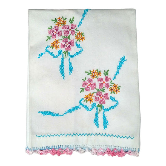 Vintage Cross Stitched Tea Towel Handmade Flower Bouquet & Crocheted Lace Border