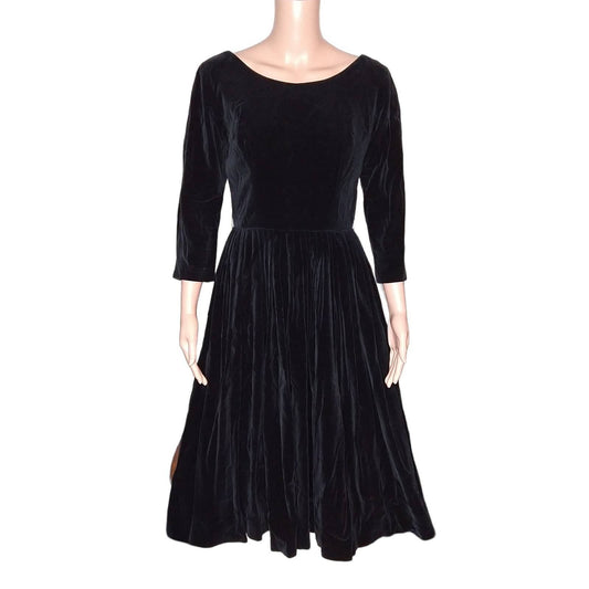 50's Vintage Black Velvet Fit & Flare Dress