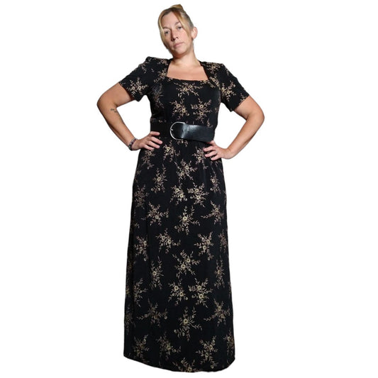 90's Vintage Black Maxi Dress with Gold Flowers size 16