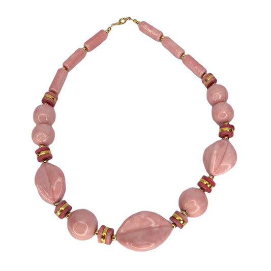 80's Vintage Pink Marbled Ceramic Beaded Statement Necklace