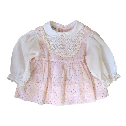 Vintage Pink Smocked Frilly Dress with Rosettes