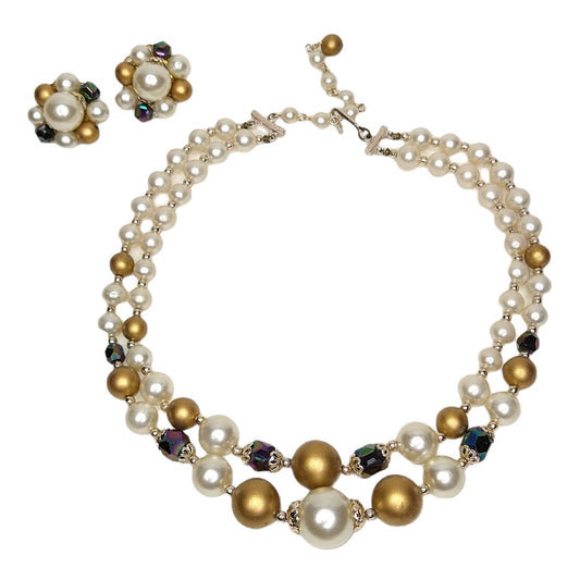 Vintage Pearl & Crystal Necklace & Earrings Set Beaded