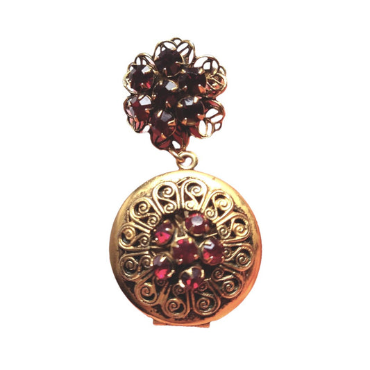 Etruscan Revival Gold Locket Brooch with Red Rhinestones