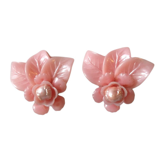 40's Vintage Pink Flower Earrings Western Germany Celluloid Rose Leaves & Pearls