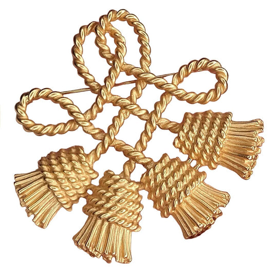 Vintage Gold Rope Statement Brooch with Tassels 3"