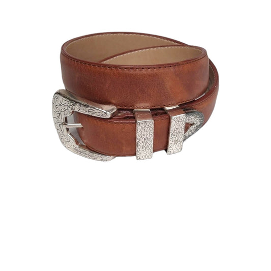 Navasota Genuine Leather Belt with Engraved Silver Buckle