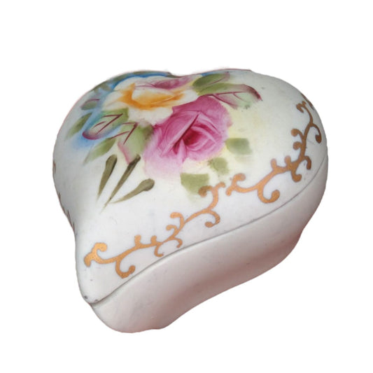 Vintage Porcelain Bisque Heart Trinket Box w/ Cabbage Roses Hand Painted